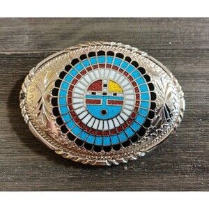 Zuni Sunface Turquoise Coral Onyx Handcrafted SSI 88 Silver Tone Belt Buckle